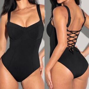 TA3 Black Lifty One Piece Swim Suit Size Small Regular/Long Open Back Adjustable